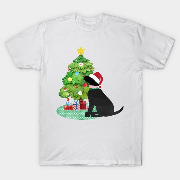 Black Lab Decorating Christmas Tree T-Shirt by emrdesigns